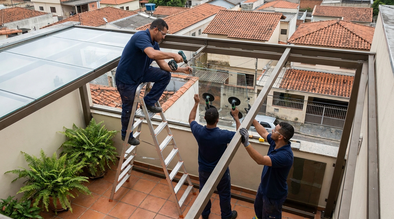 Cobertura de vidro em terraço com telhados em Ubatuba-SP