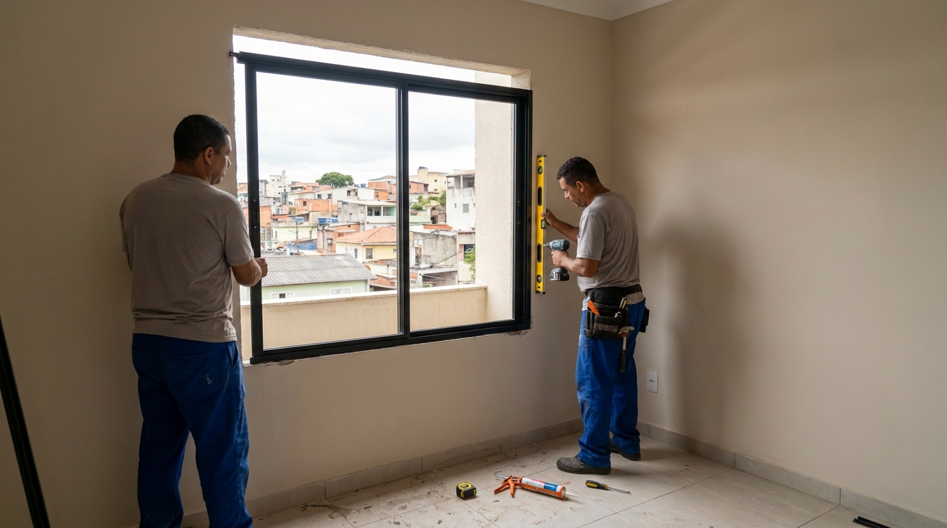Esquadria de alumínio em quarto bege em Ubatuba-SP