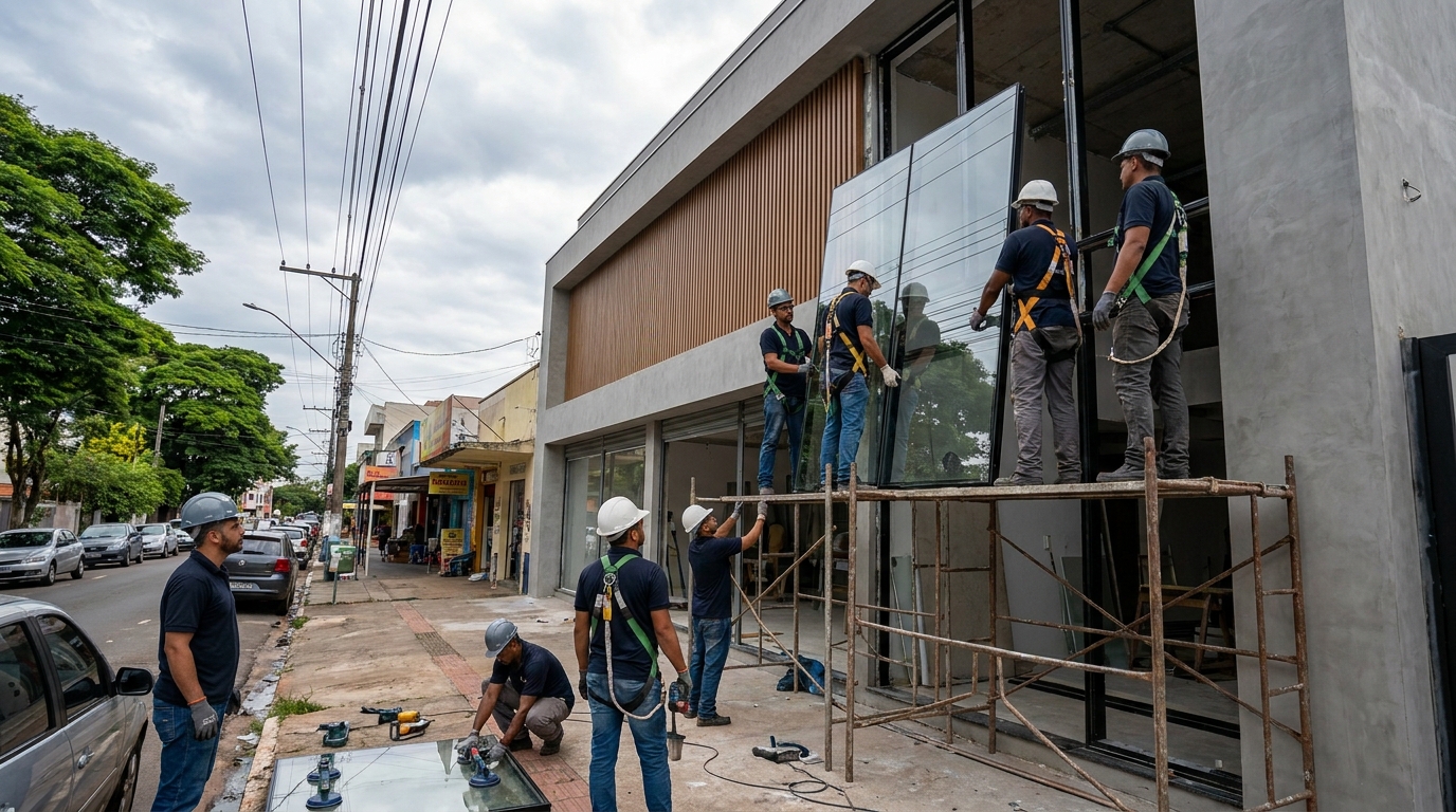 Fachada de vidro com andaime lateral em Ubatuba-SP