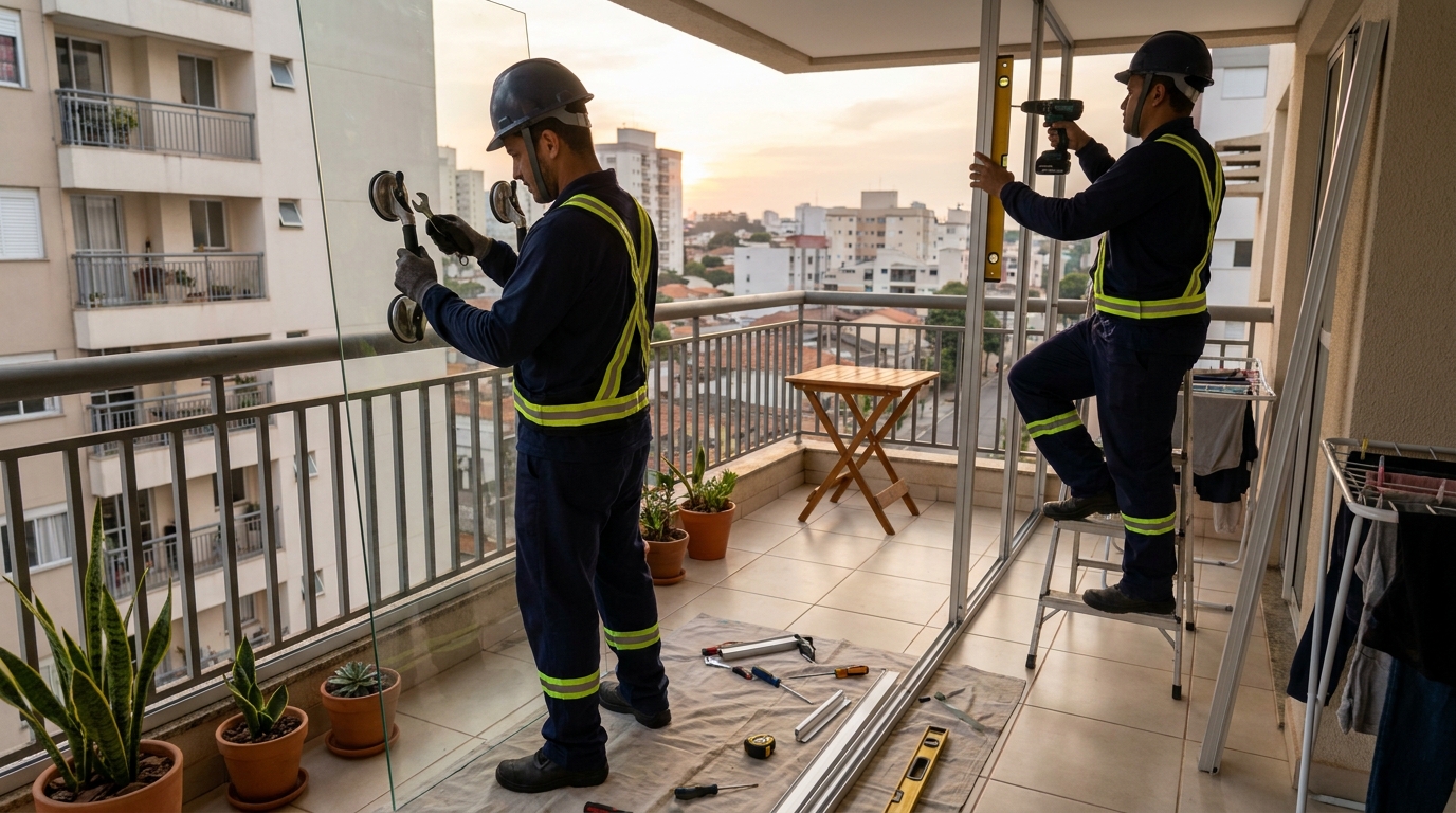 Instalação de parede de vidro em sacada em Ubatuba-SP