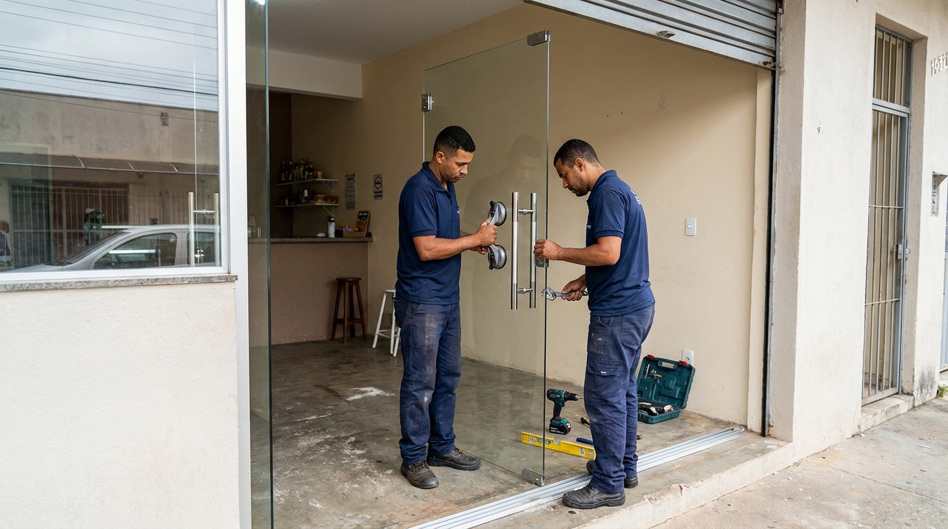 Dupla instalando porta de vidro em loja em Ubatuba-SP